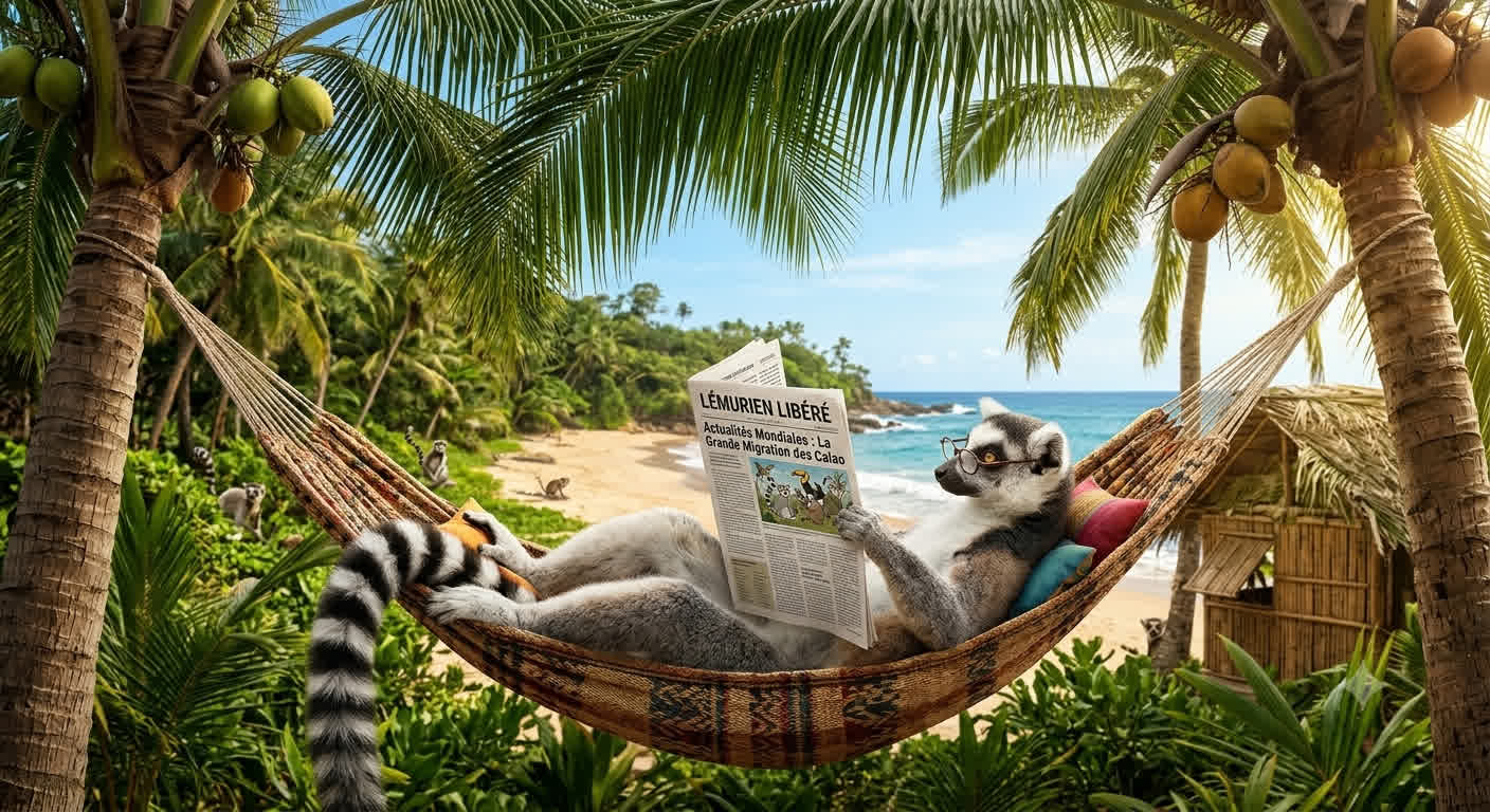 Maki lisant le journal à Mayotte